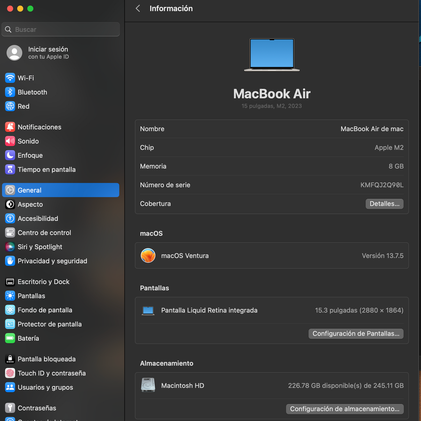 Macbook Air 15" 2023 / M2 / 8RAM / 250 SSD
