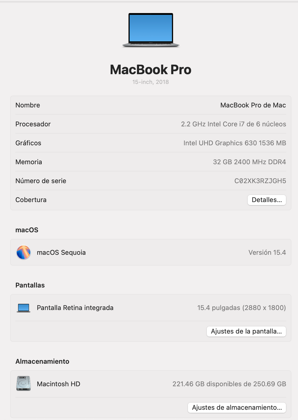 Macbook pro 15" 2018 / core i7 / 32RAM / 256SSD