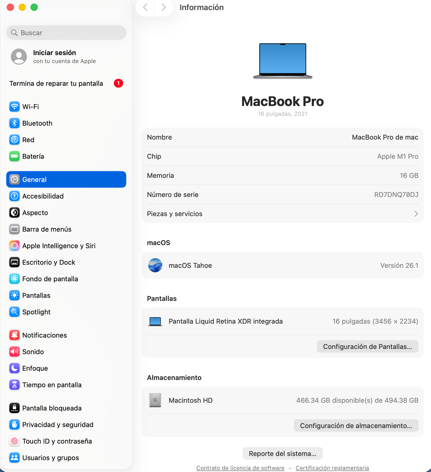 Macbook Pro 16" 2021 / M1 Pro / 16 RAM / 500SSD
