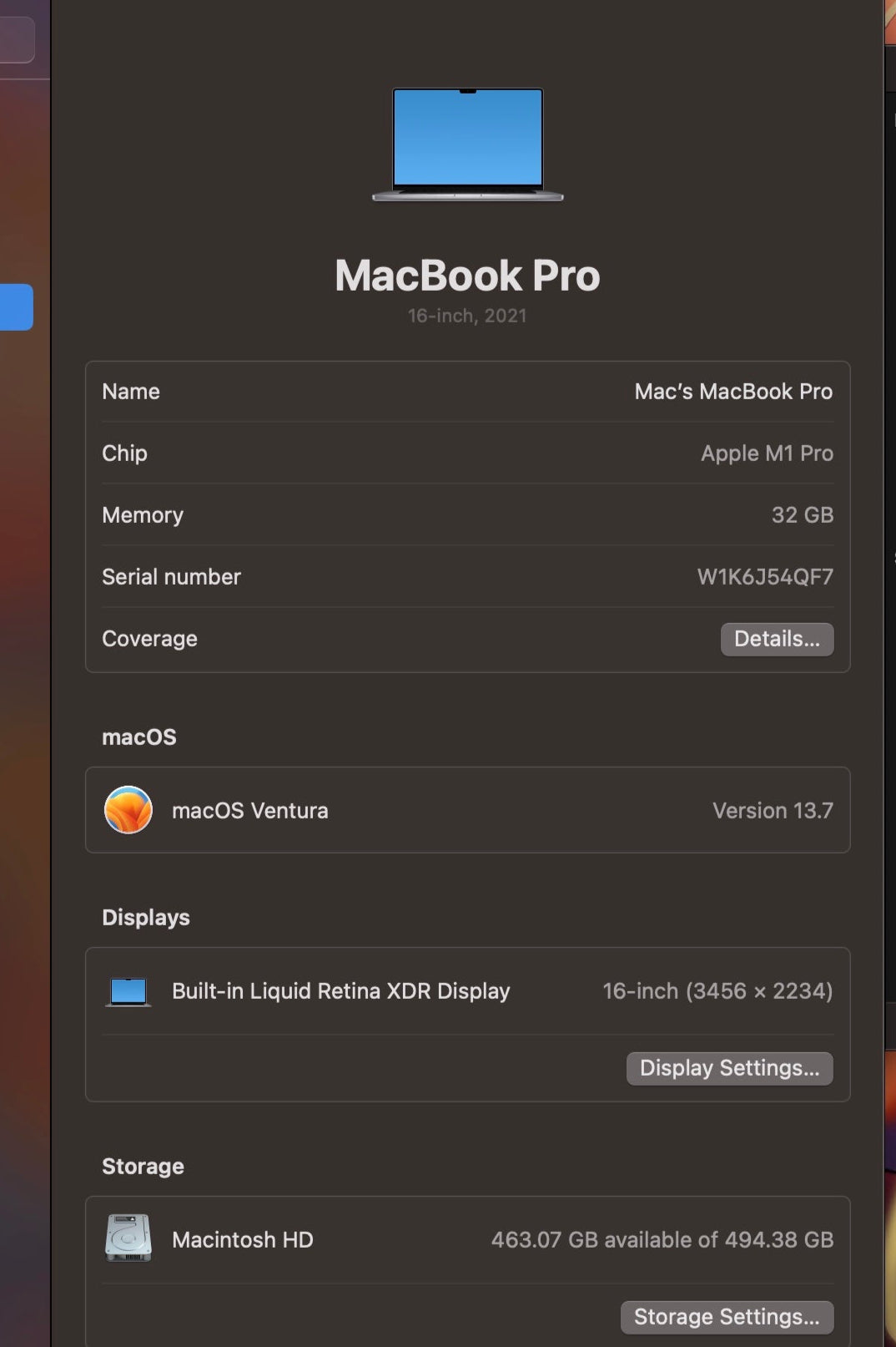 Macbook Pro 16" 2021 / M1 PRO / 32RAM / 500SSD