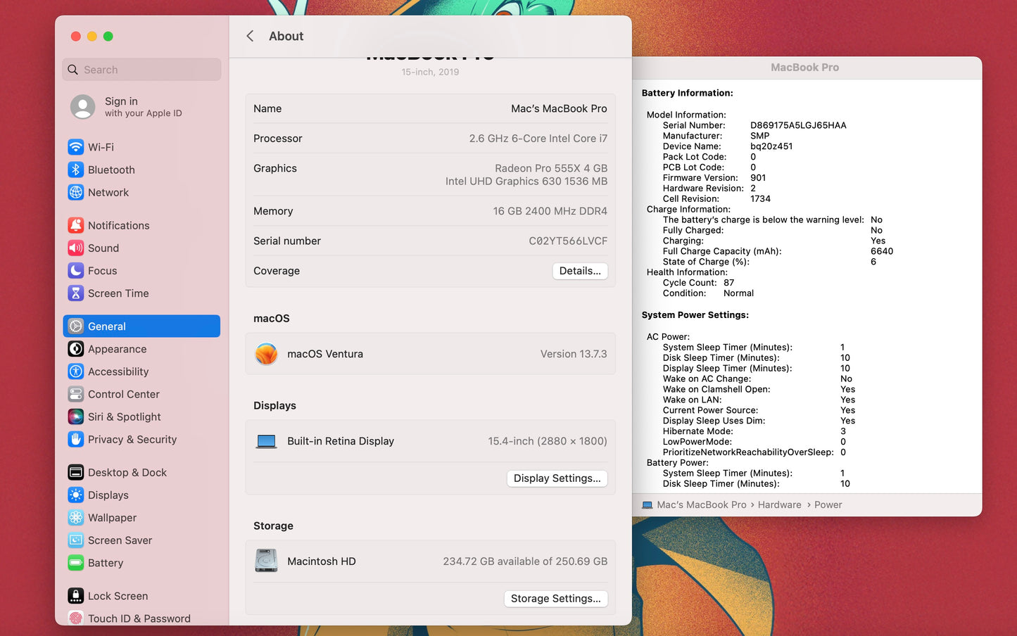 MacBook Pro 15" 2019 / Core i7 / 16GB RAM / 250SSD