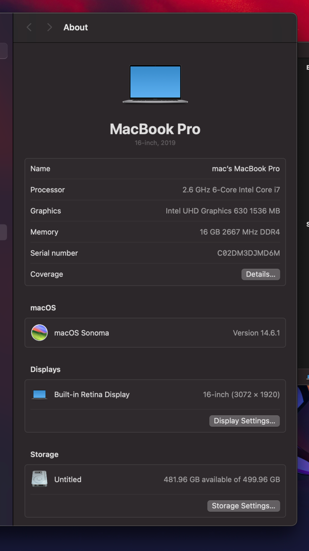 Macbook pro 16" 2019 / Core i7 / 16RAM / 500SSD