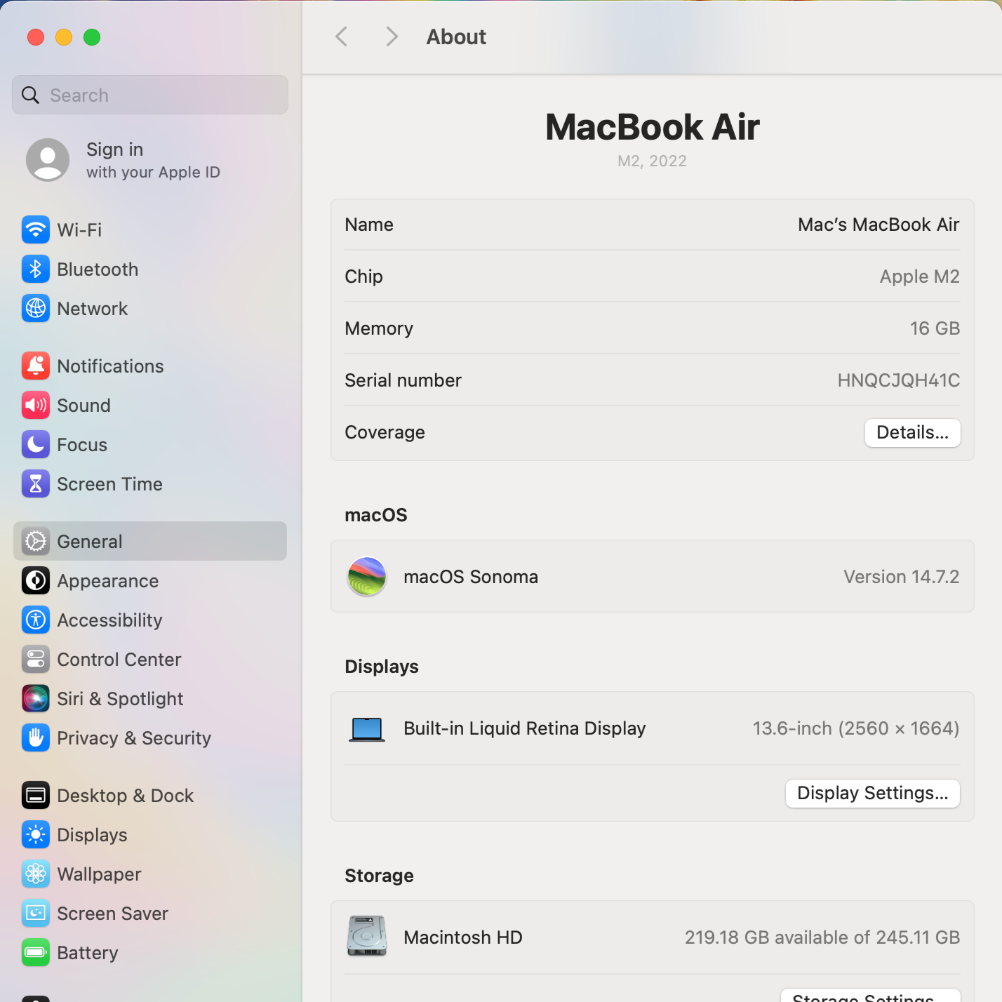 Macbook AIR 13.6" 2022 / M2 / 16RAM / 250 SSD