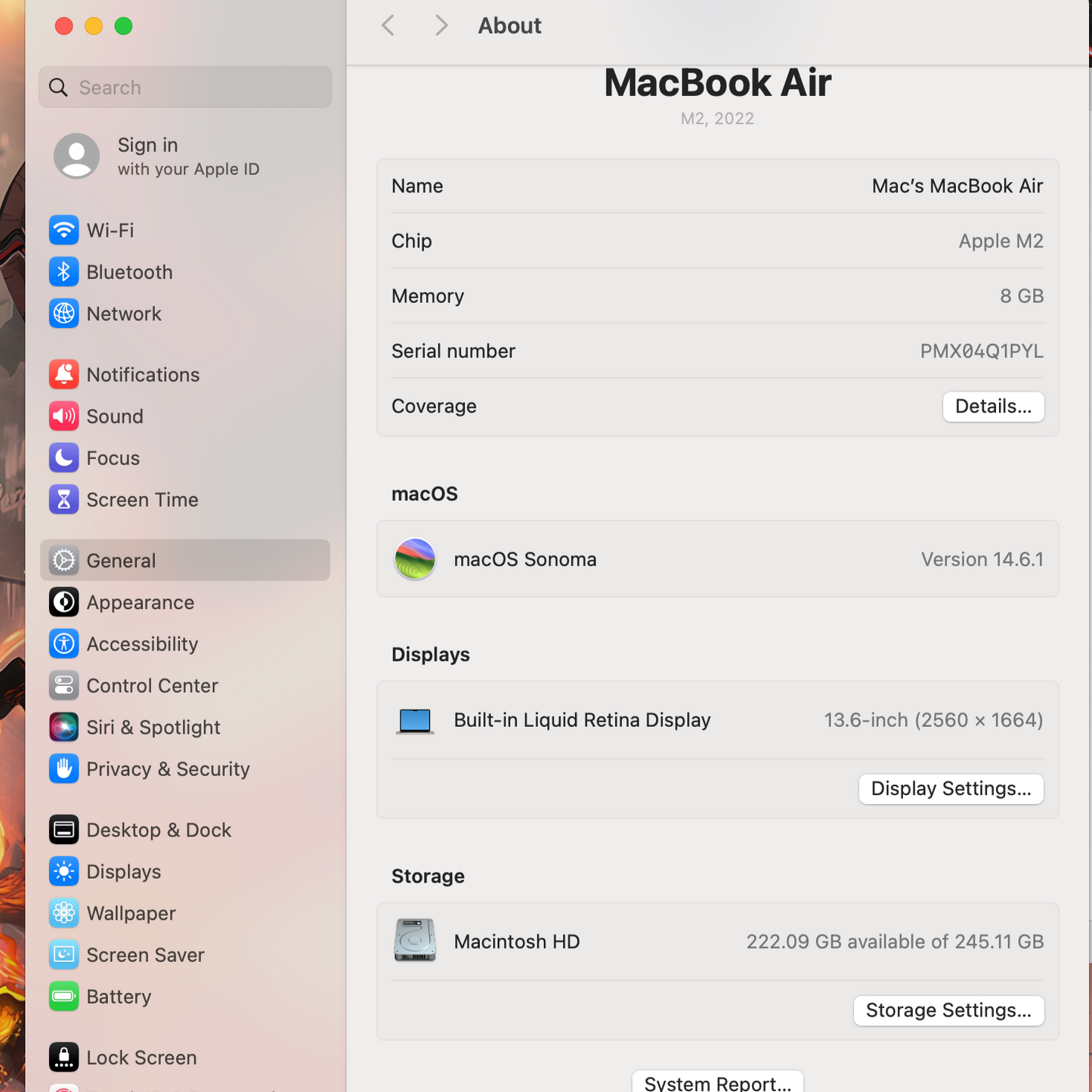MacBook Air 13" 2022 / M2 / 8 RAM / 250 SSD