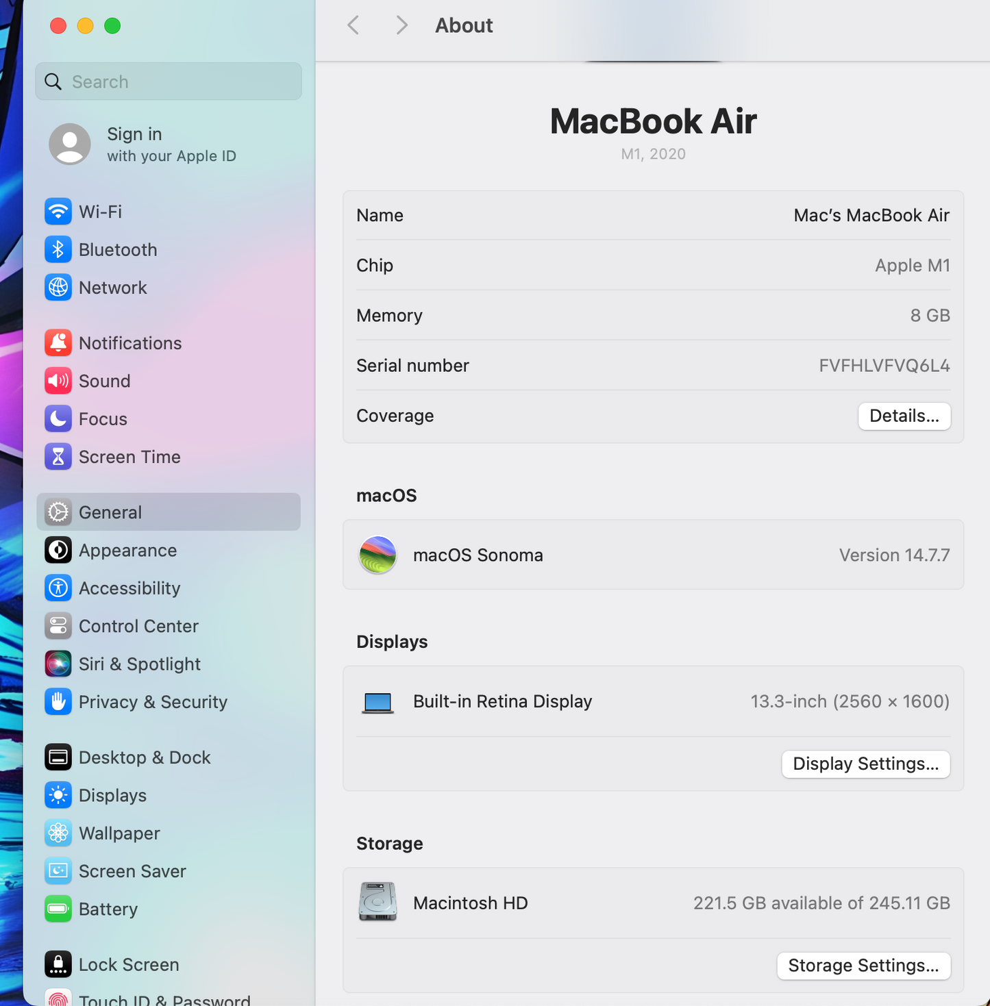 Macbook Air 13” 2020 / M1 / 8 RAM / 250 SSD