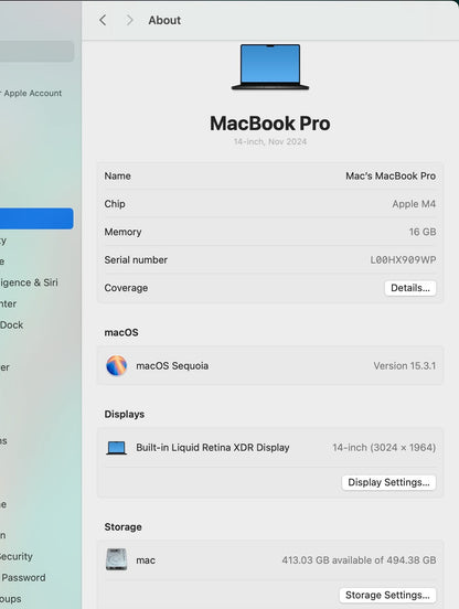 MacBook Pro 14” 2024 / M4 / 16 RAM / 500 SSD