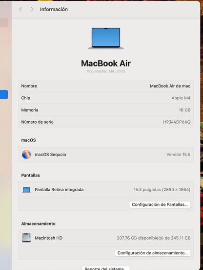 MacBook Air 15” 2025 / M4 / 16RAM / 250 SSD